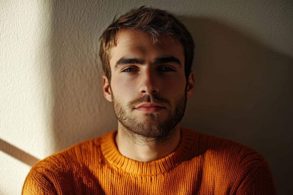 Man in orange sweater thinking about bigorexia